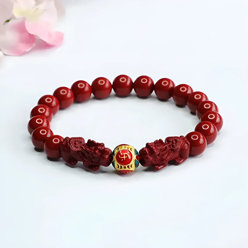 Purple gold sand cinnabar bracelet with carved double Pixiu design, 8mm beads.