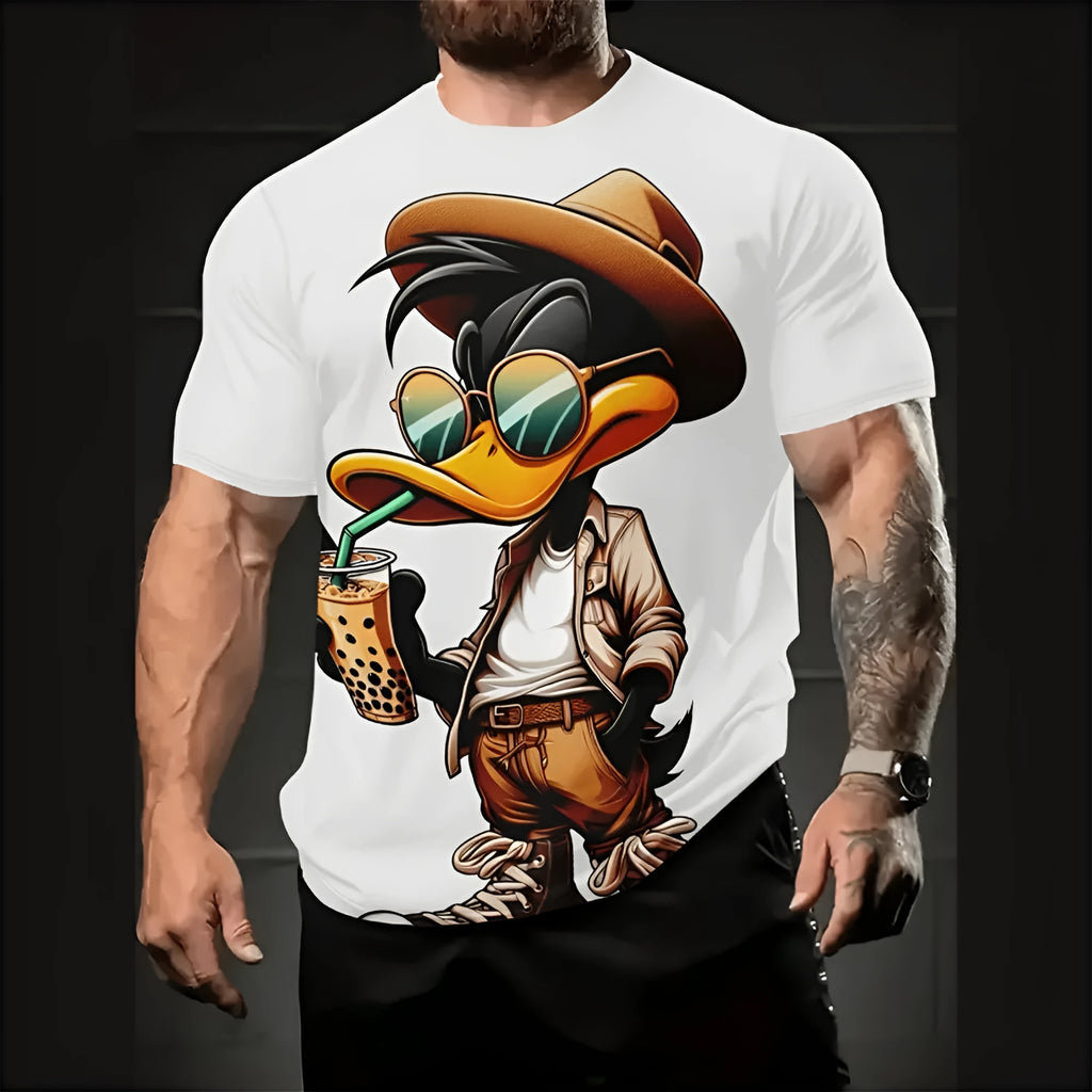 Man wearing a loose fit short sleeve linen shirt with a raised 3D cartoon print design.