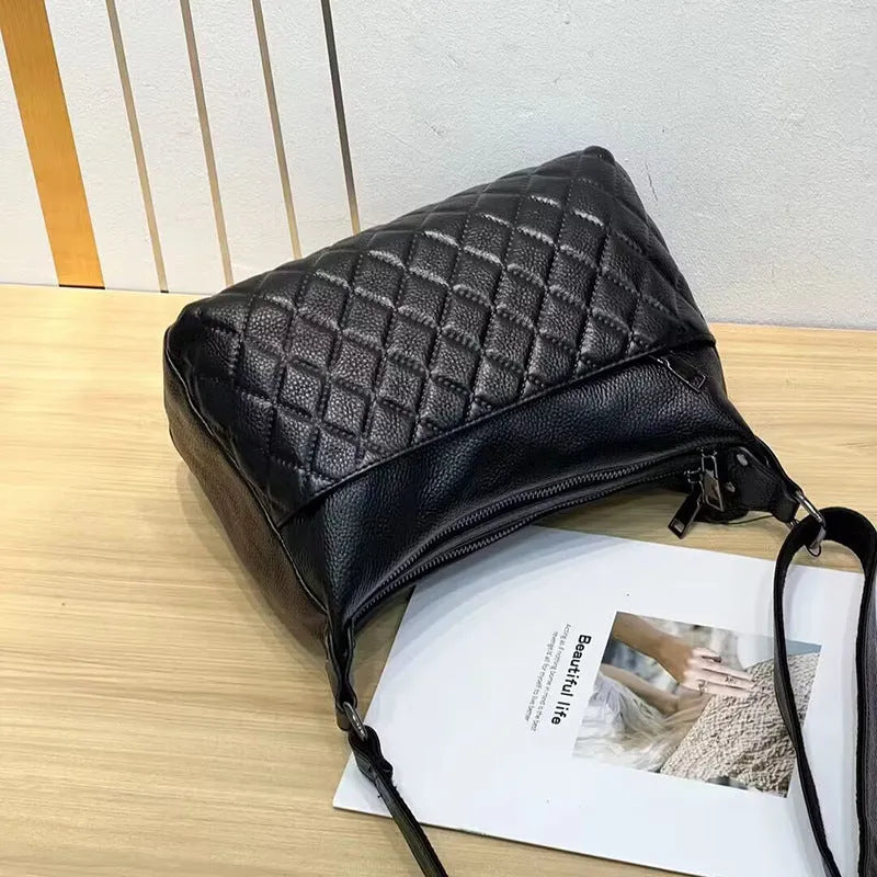 Genuine leather large capacity crossbody shoulder bag in black plaid with horizontal square shape