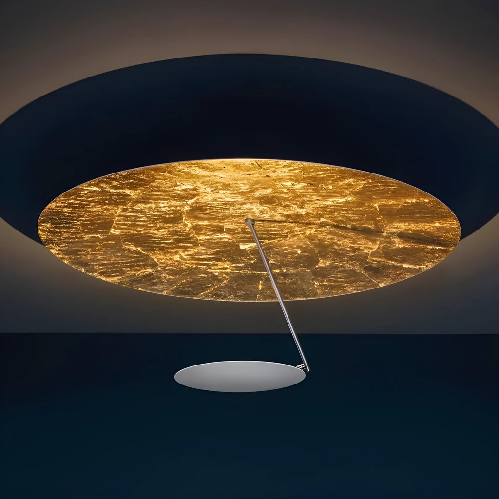 50cm round white iron ceiling lamp with integrated warm LED lights mounted on a white ceiling.