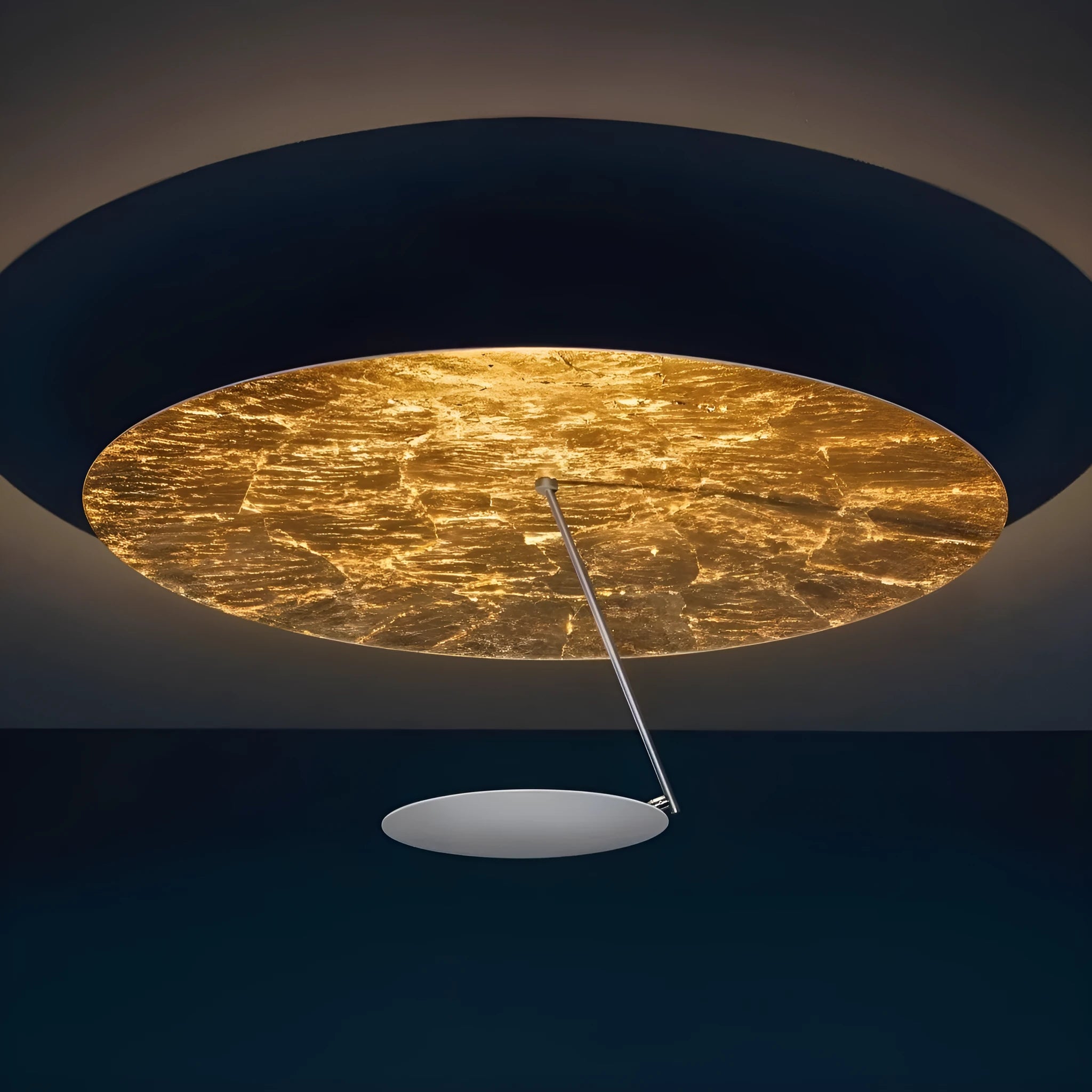 50cm round white iron ceiling lamp with integrated warm LED lights mounted on a white ceiling.