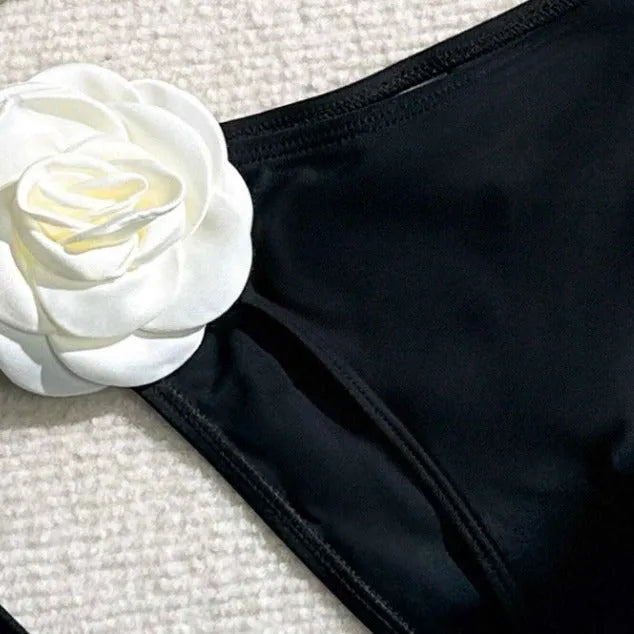 Black 3D flower lace bikini swimsuit with drawstring details and backless design