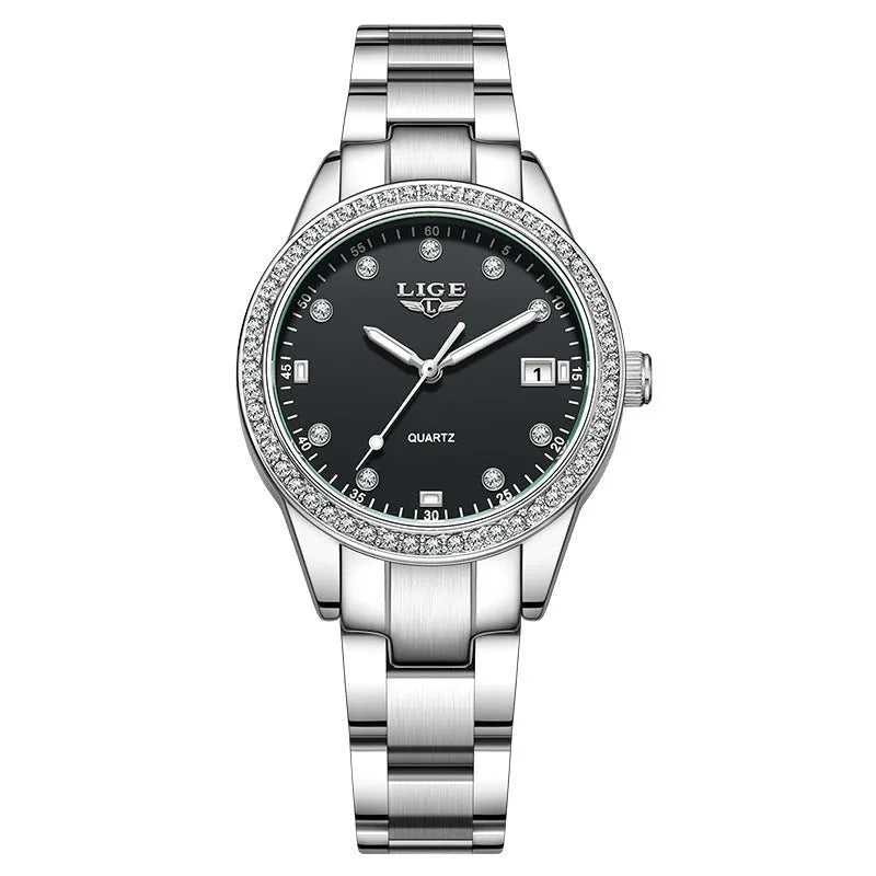 Silver Fashion Girl watch with round diamond-encrusted dial on stainless steel strap, showing luminous hands.