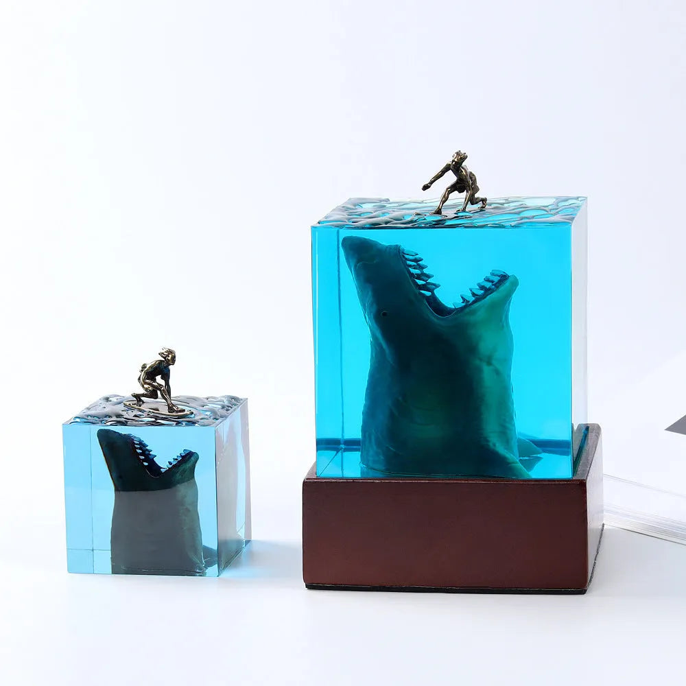 Crystal clear epoxy resin shark surfer night light ornament in 5cm and 8cm sizes