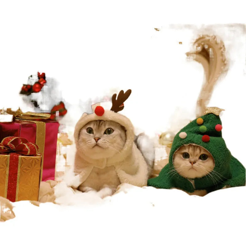 Red polar fleece pet cloak with attached antlers on a small dog, showing the full festive costume.