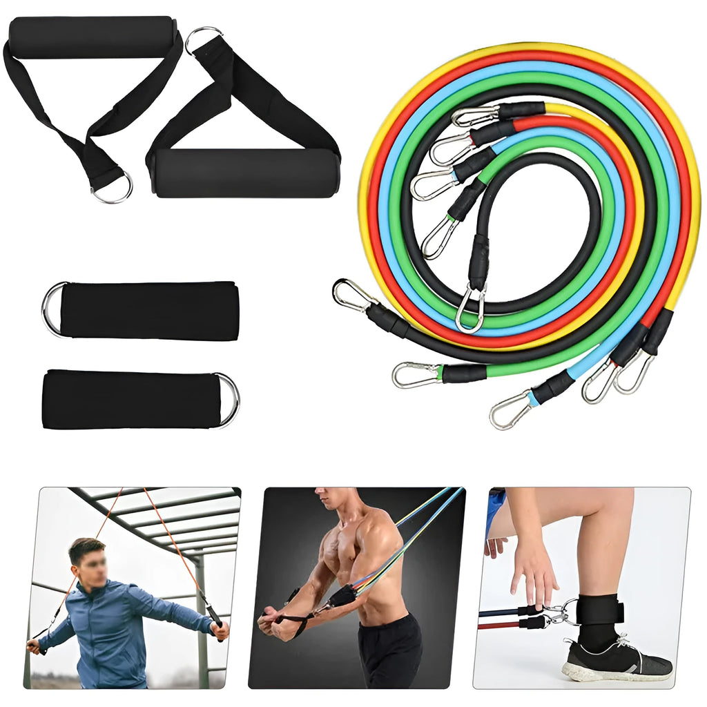 TPE elastic band resistance rope set with carabiner clips in multiple colours for home training