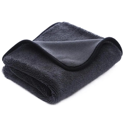 Braided twist car cleaning towel shown in grey and grey with red edge variants with size examples
