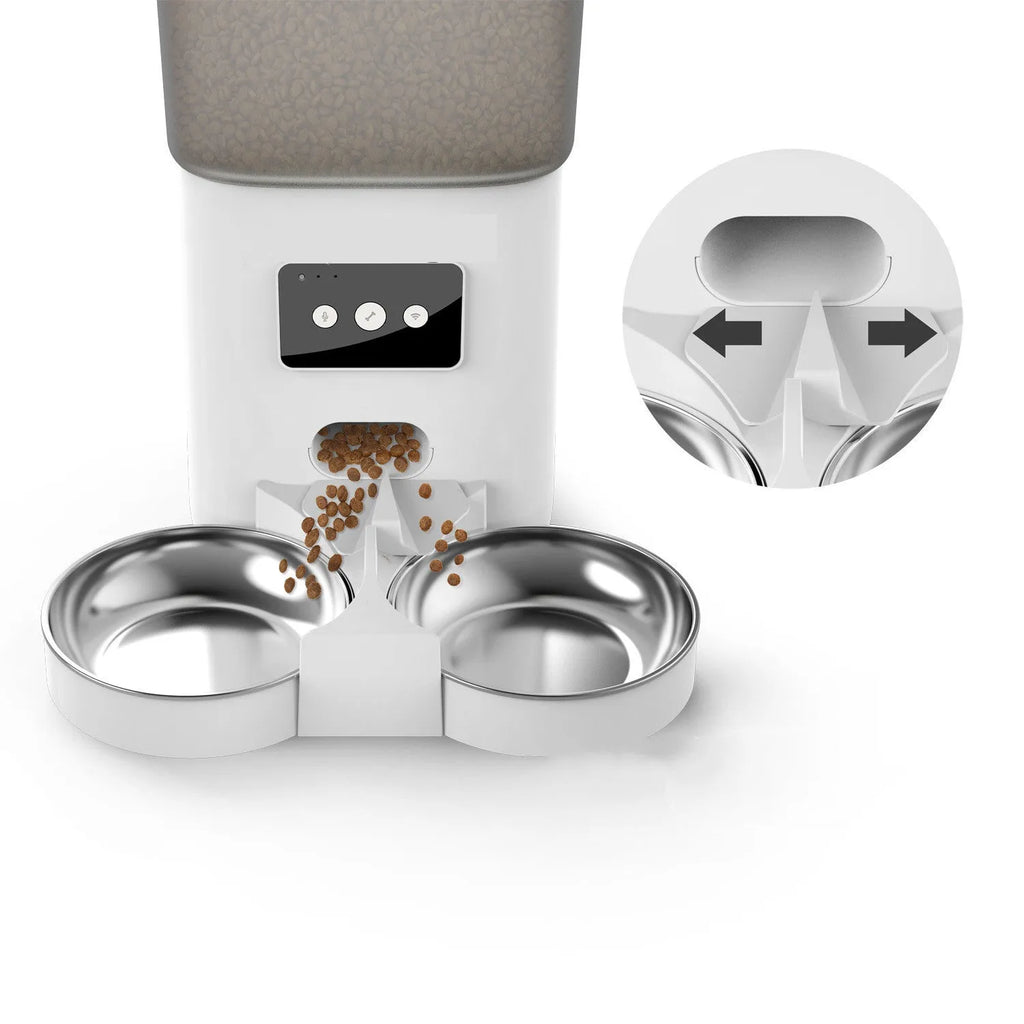 White 6-litre WiFi automatic pet feeder with adjustable dual feeding tray and power adapter for dogs and cats