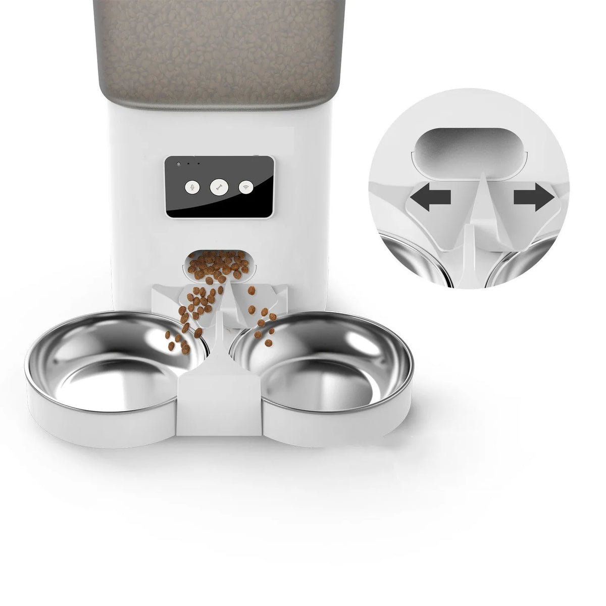White 6-litre WiFi automatic pet feeder with adjustable dual feeding tray and power adapter for dogs and cats