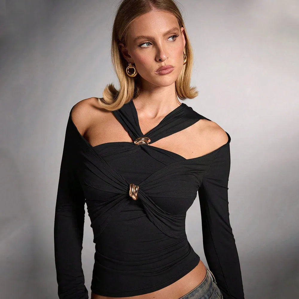 Black women's halter neck top with shoulder-baring design and slim fit silhouette