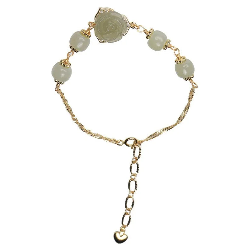 Original national-style women's bracelet with Hetian jade rose motifs and 14K gilded accents