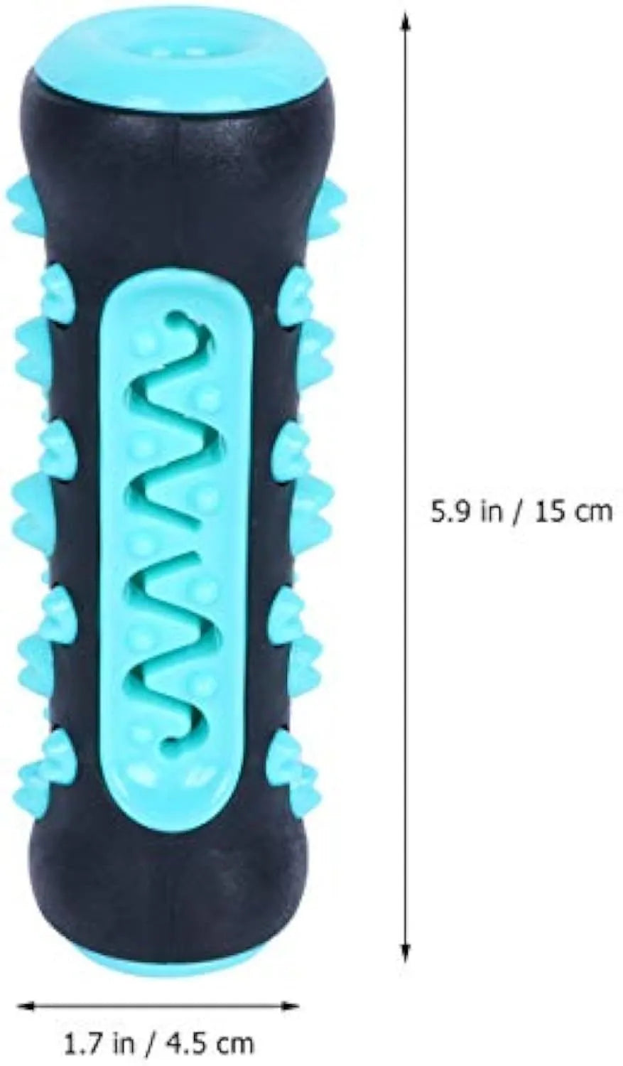 Natural rubber dog dental chew toy in blue with toothbrush texture for cleaning teeth.