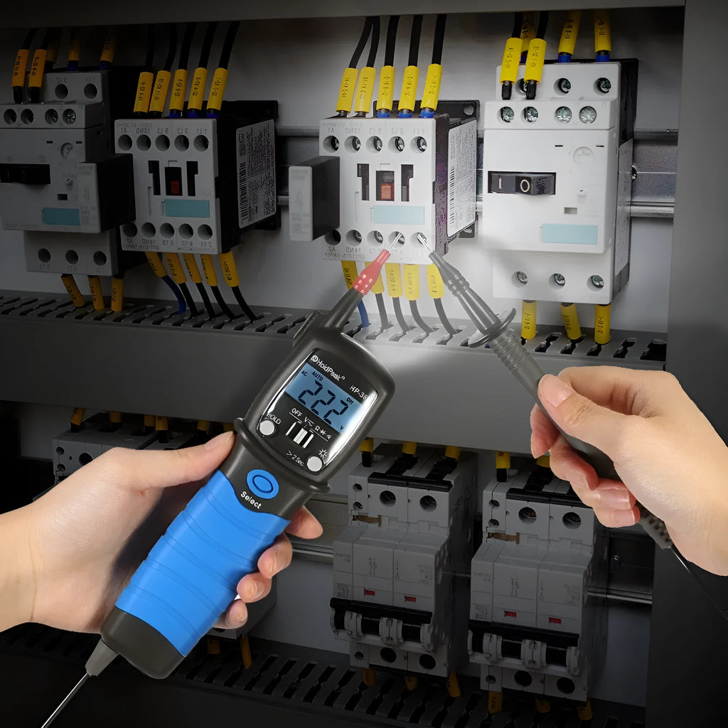 Huapu HP-38B digital pen multimeter with pen-style body, LCD display, and test leads on a white background
