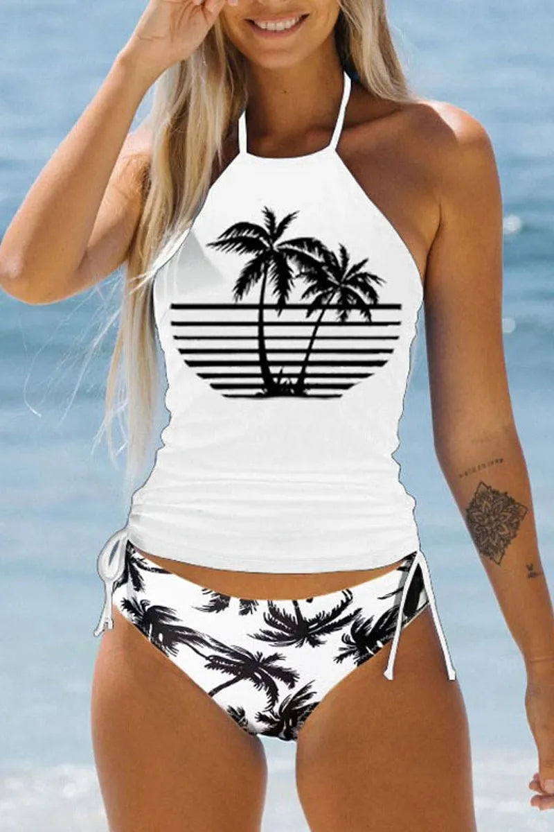 3D printed split swimsuit suit for women in brief style, sleeveless, nylon fabric, available in multiple colours