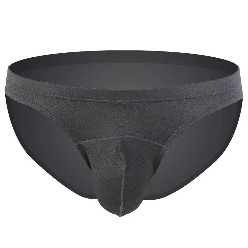 Men's loose-fit nylon briefs laid flat, showing light grey colour, elastic waistband, and breathable fabric texture.