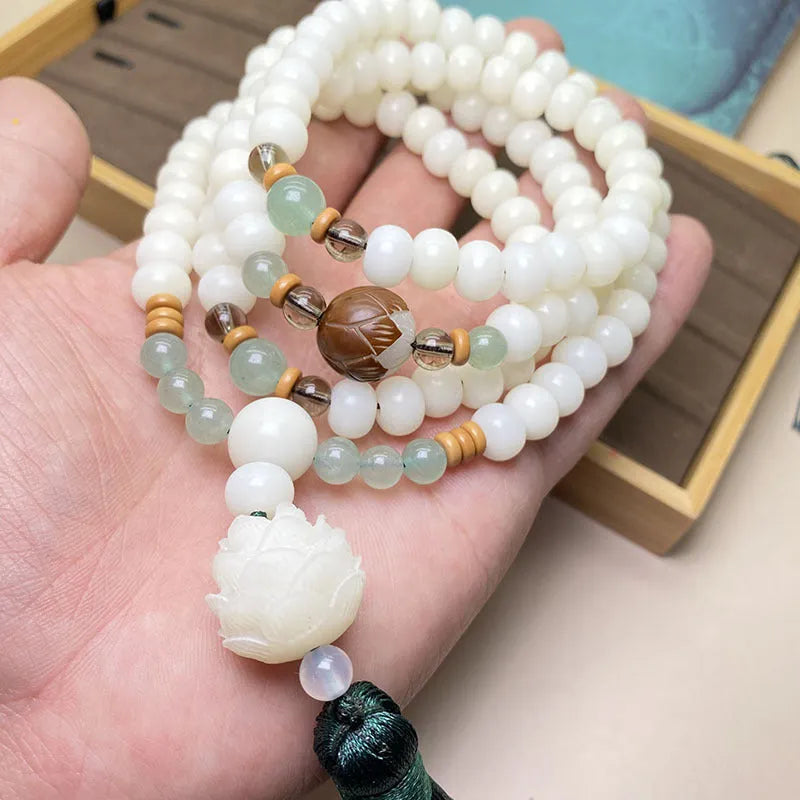White jade bodhi 108-bead unisex bracelet shown in three different pattern styles.
