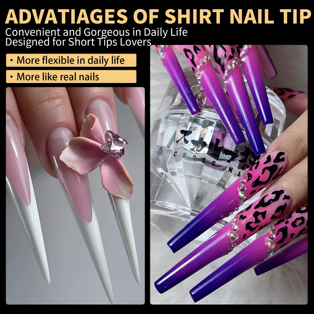 180 extra long seamless French nail tips manicure set in six colour options laid out on a white background