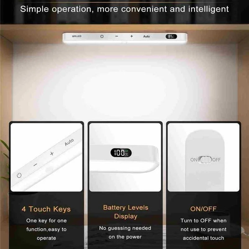 White motion sensor cabinet light with battery display screen, adjustable length 1m to 5m