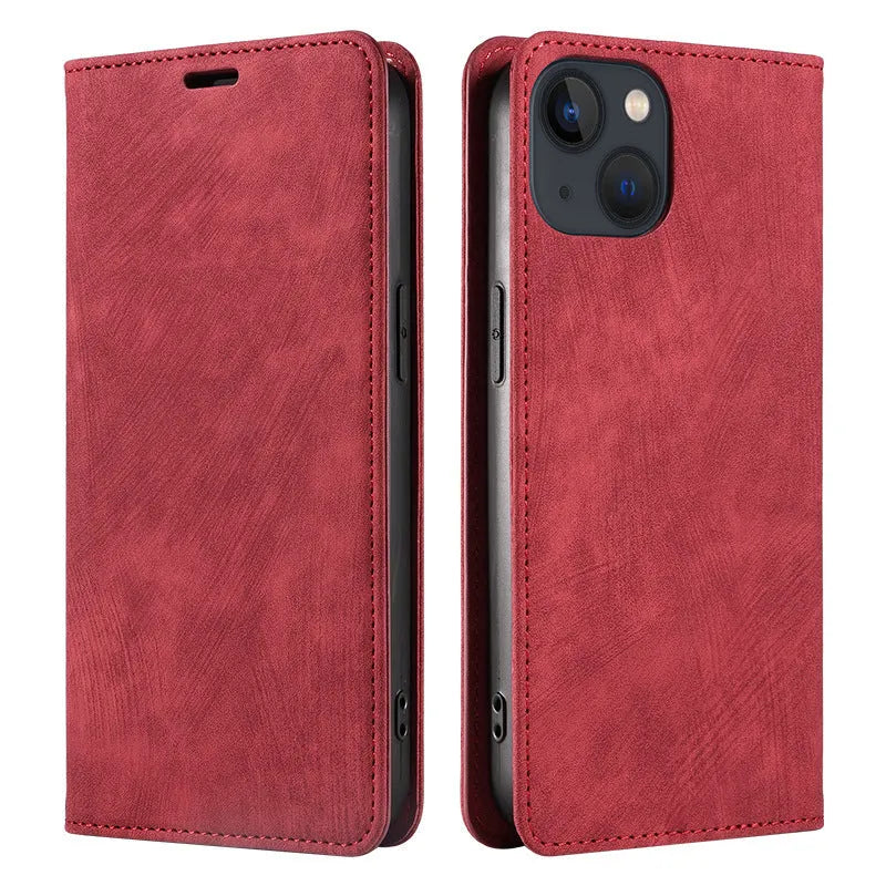 Magnetic flip phone case in leather for iPhone, shown open with cards in slots and closed with magnetic seal.