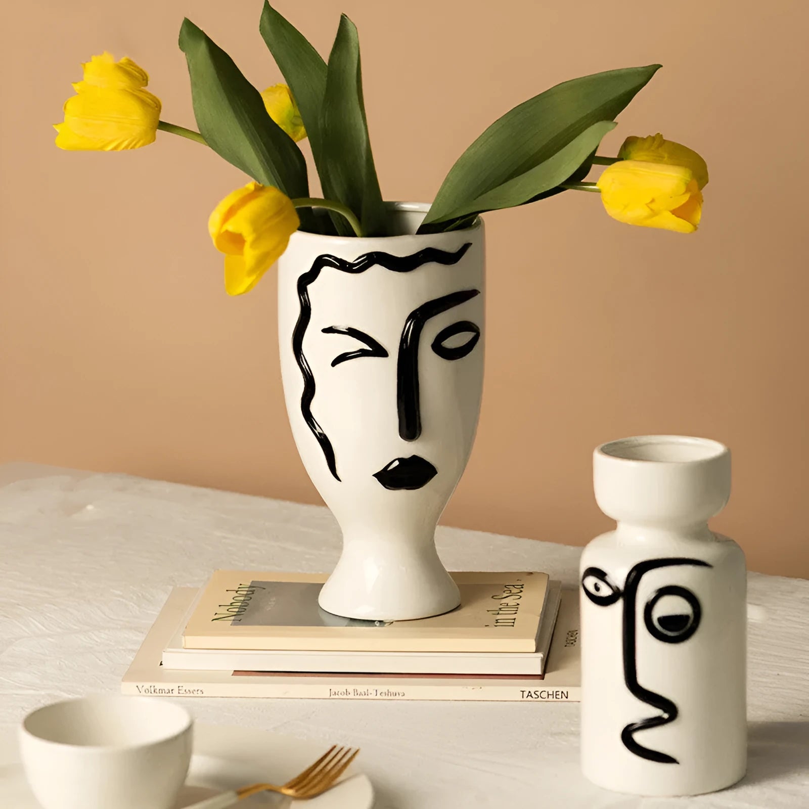Modern minimalist ceramic vase with painted finish on a shelf, available in large or small size for home decoration