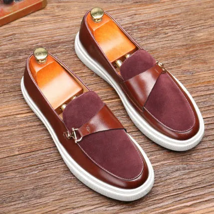 Plus size men's board shoes in black or brown with artificial PU upper, flat heel, rubber sole, and round toe