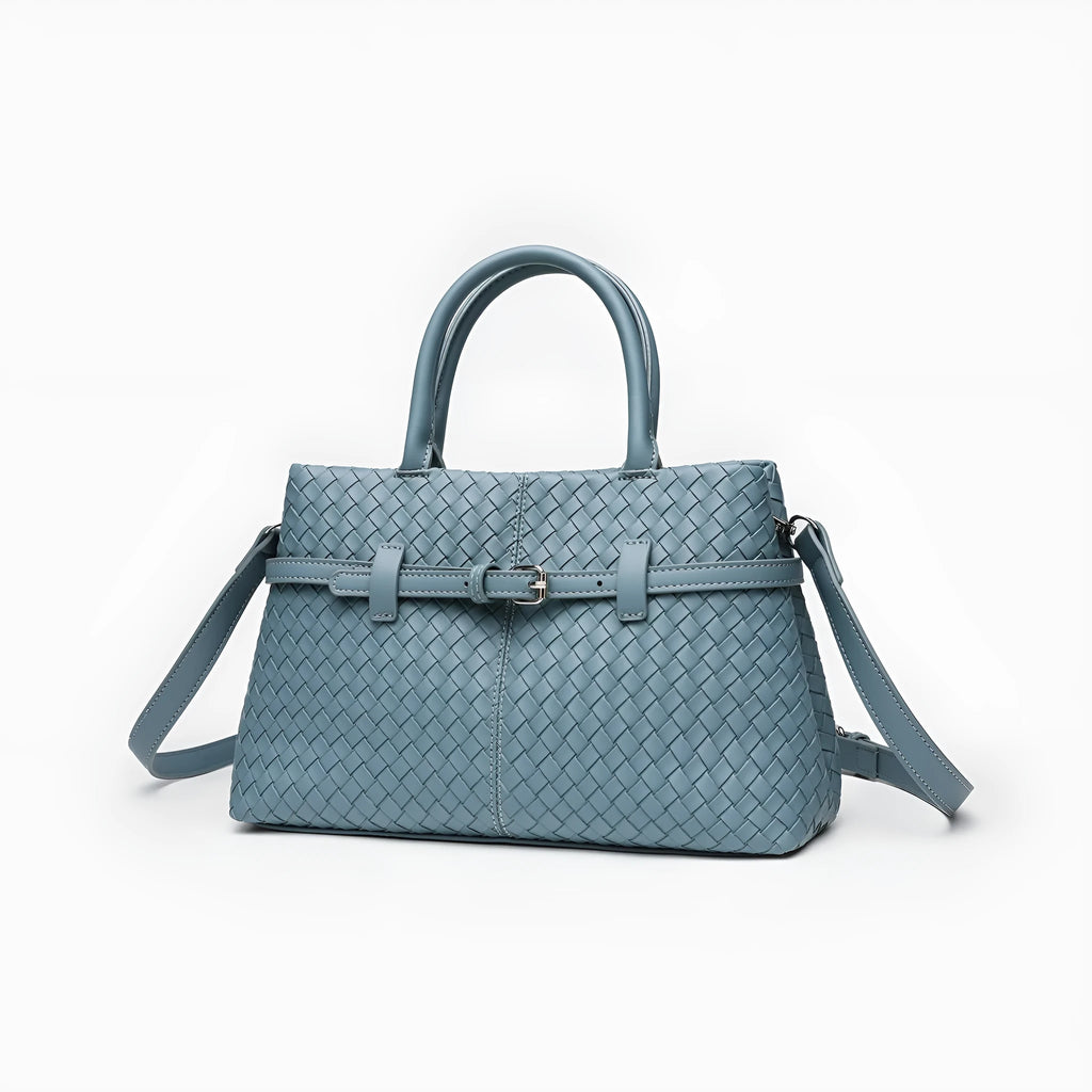Simple commute large capacity woven pattern bag for women in beige, PU material, horizontal square shape with double shoulder straps