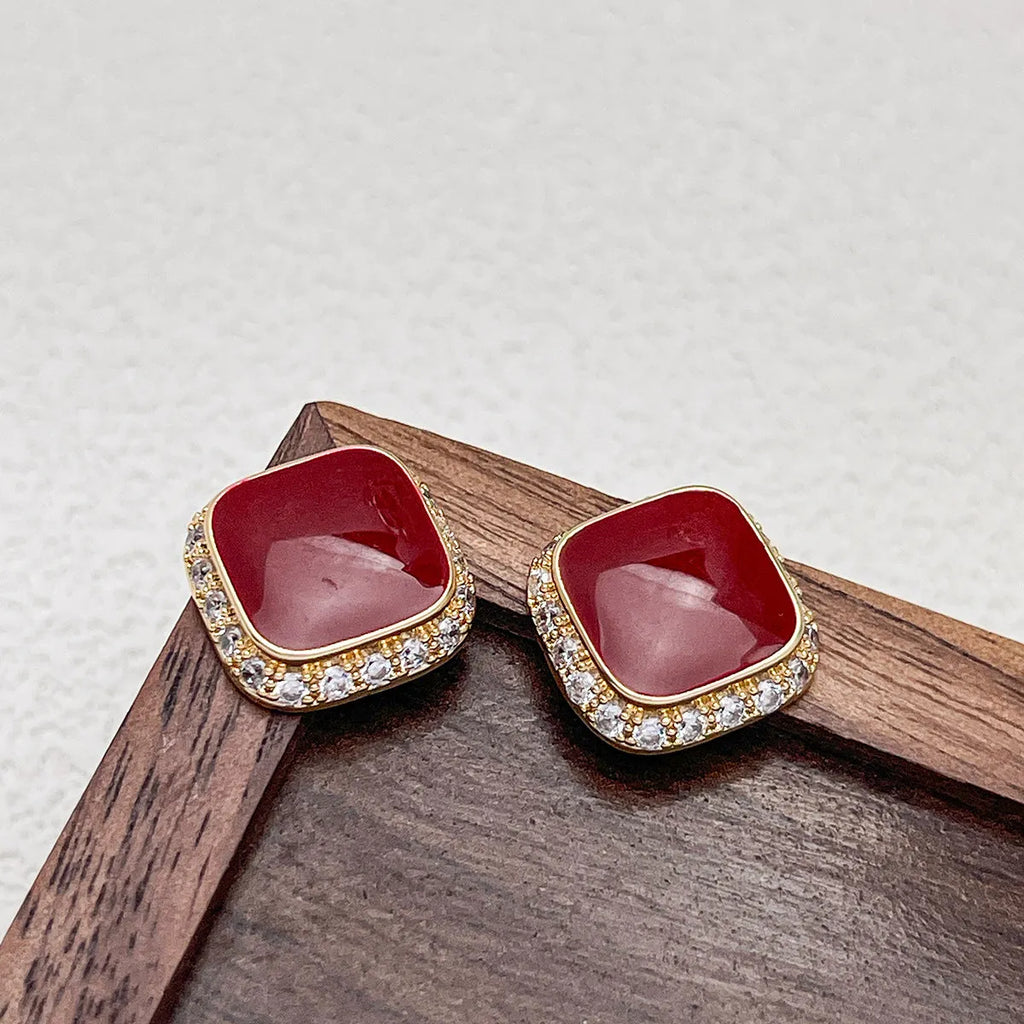 Red alloy earrings with square geometric inlaid design, retro style jewellery for women