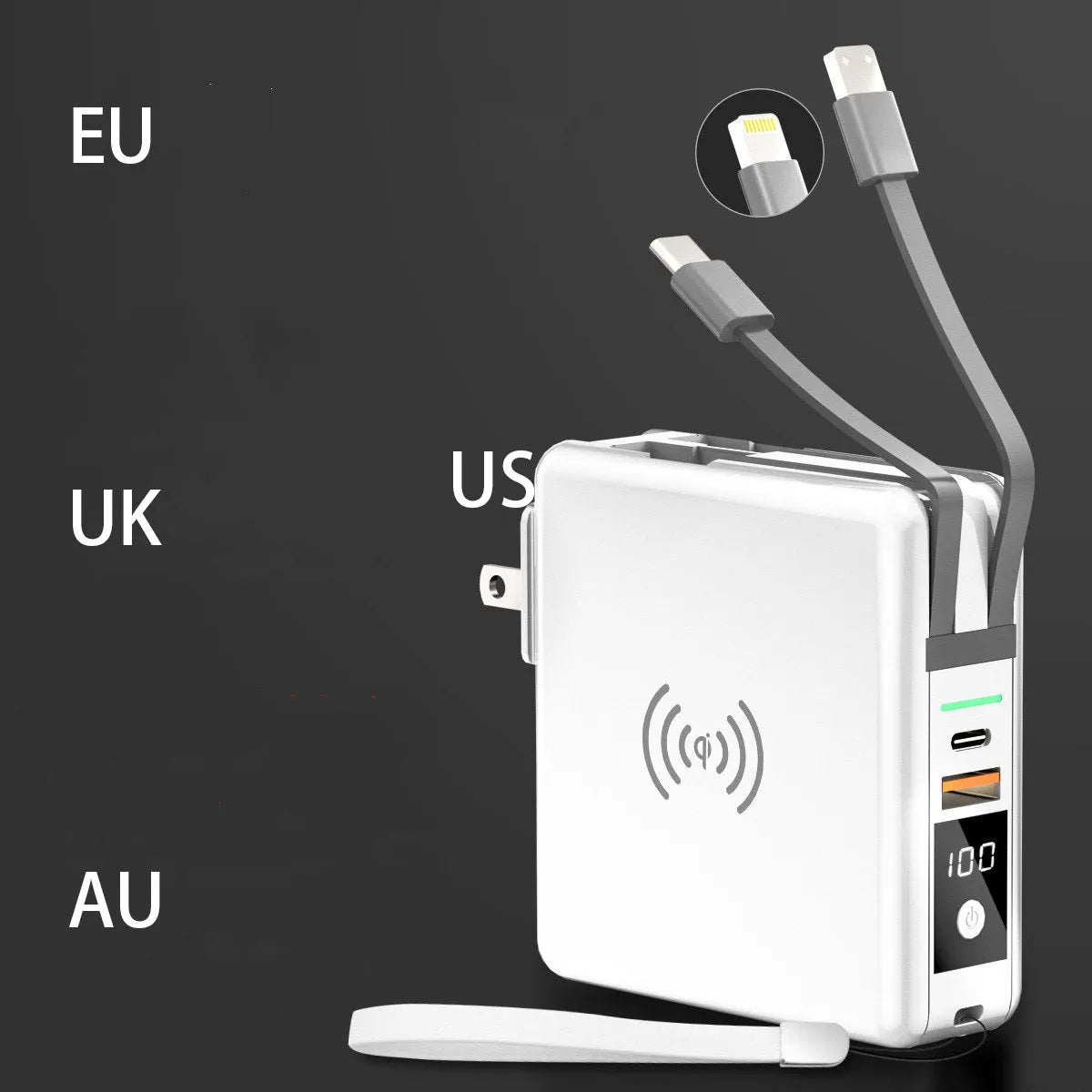 Black and white PD20W fast charging power bank with wireless capability and integrated plug