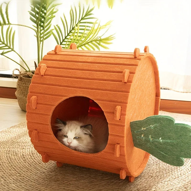 Beige carrot-shaped felt cat nest with multiple holes, shown in a home setting.