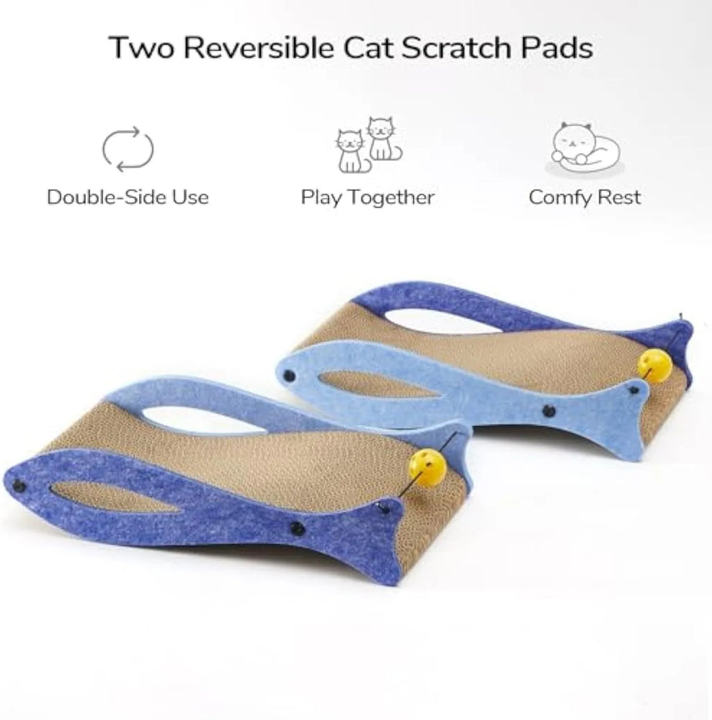 Blue fish-shaped cardboard cat scratcher lounger with a dangling bell toy for indoor cats.