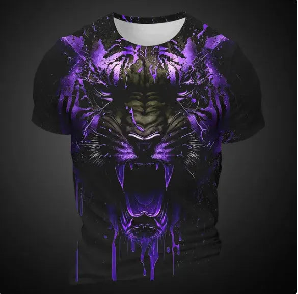 Men's grey T-shirt featuring a detailed 3D tiger head print on the chest, short sleeves.