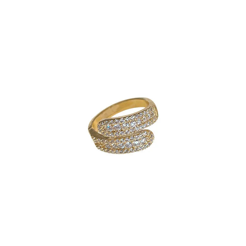 Gold electroplated diamond-embedded open ring for women with geometric alloy band