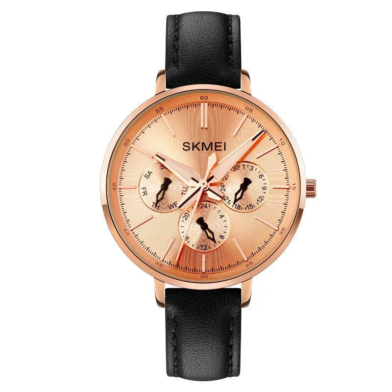 Women's retro round quartz watch with genuine leather strap, rose gold case, black strap, 38mm dial