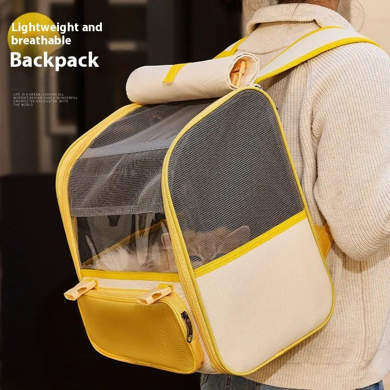 Large capacity pet backpack in Oxford cloth, medium hard, quiet gray or sunshine yellow, 8kg capacity.