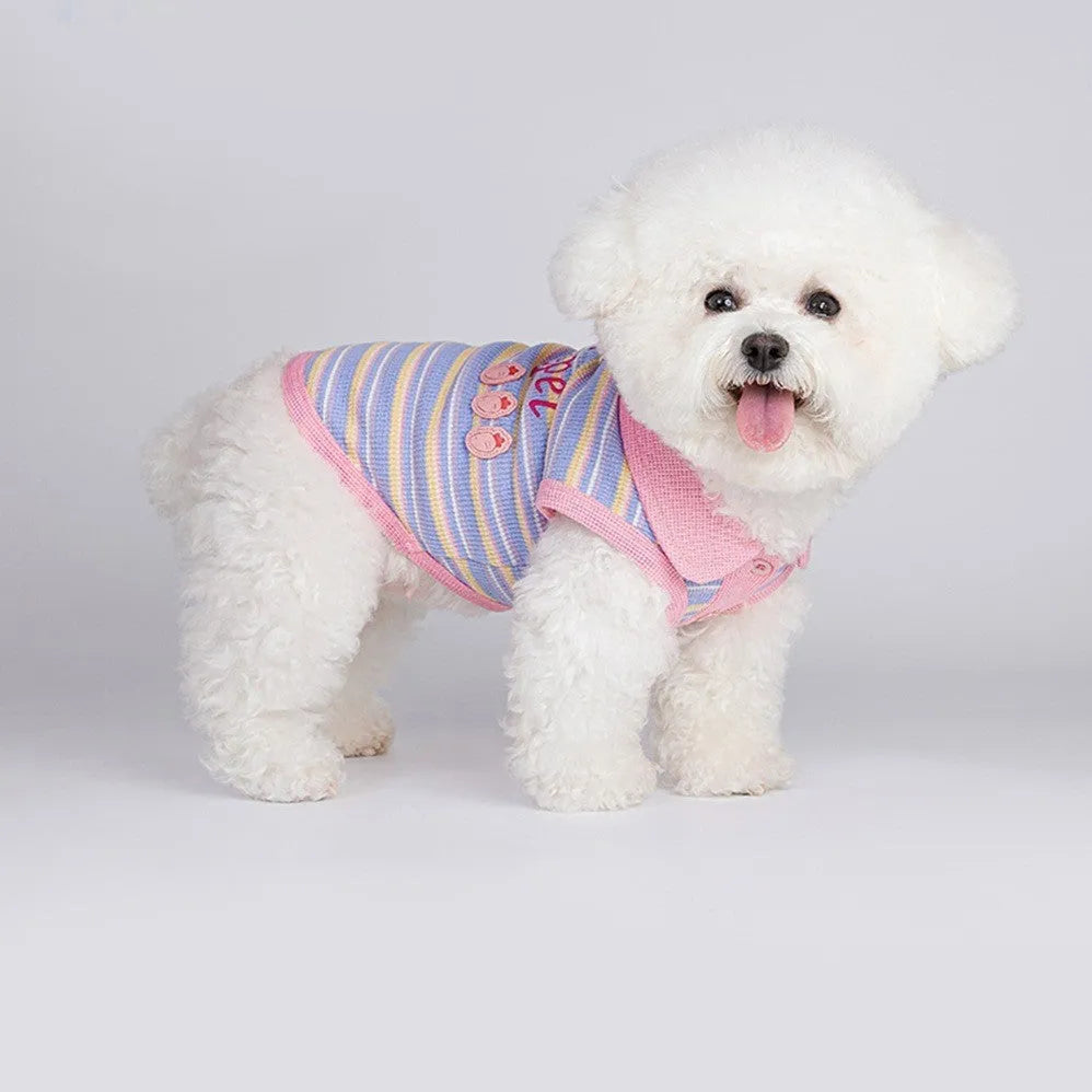Pink purple knitted fleece vest for a small dog on a white background.