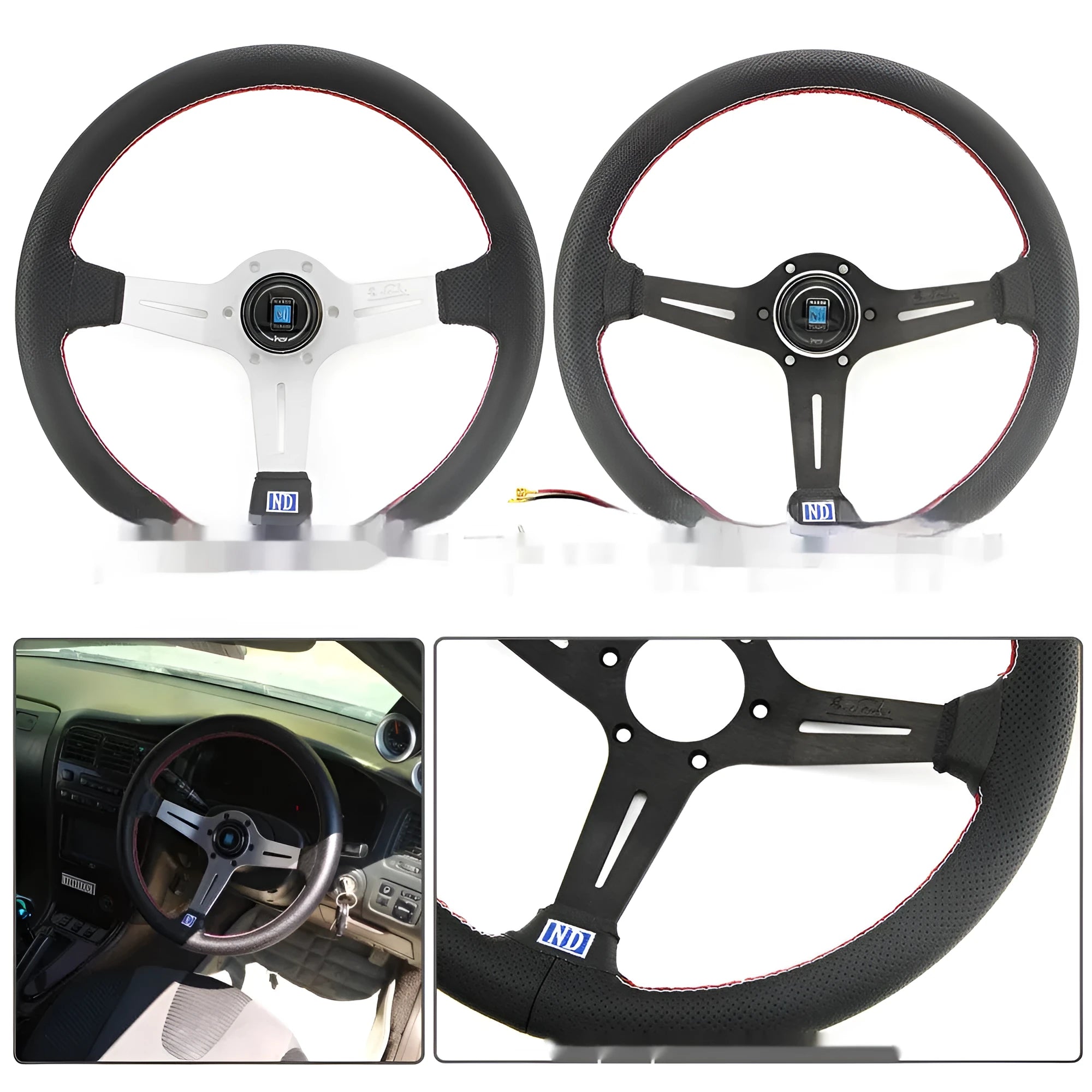 Black leather 14-inch steering wheel with deep concave dish and aluminium skeleton on a plain background.