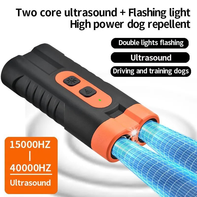 Black two-head ultrasonic dog repellent torch, 108g plastic body, 800mAh battery, 13x8x4cm