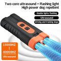 Black two-head ultrasonic dog repellent torch, 108g plastic body, 800mAh battery, 13x8x4cm