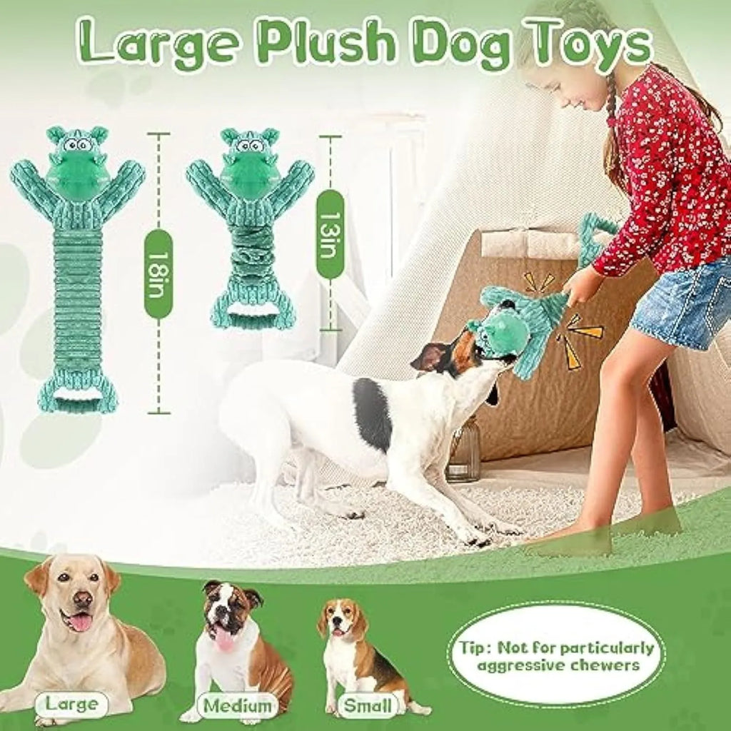 Hippo-shaped plush dog toy with a central handle, shown next to a monkey-shaped version.