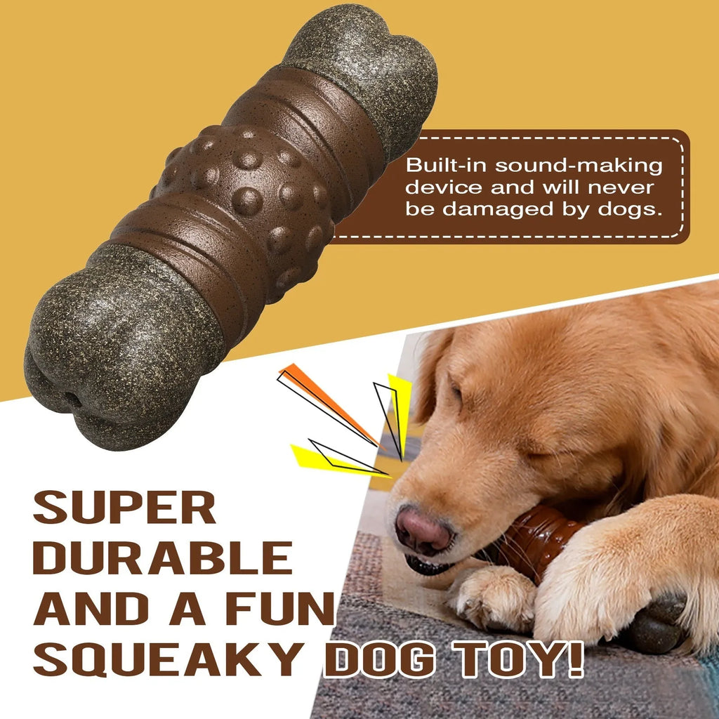 Wood colour plastic bone-shaped dog dental chew toy with textured surface.