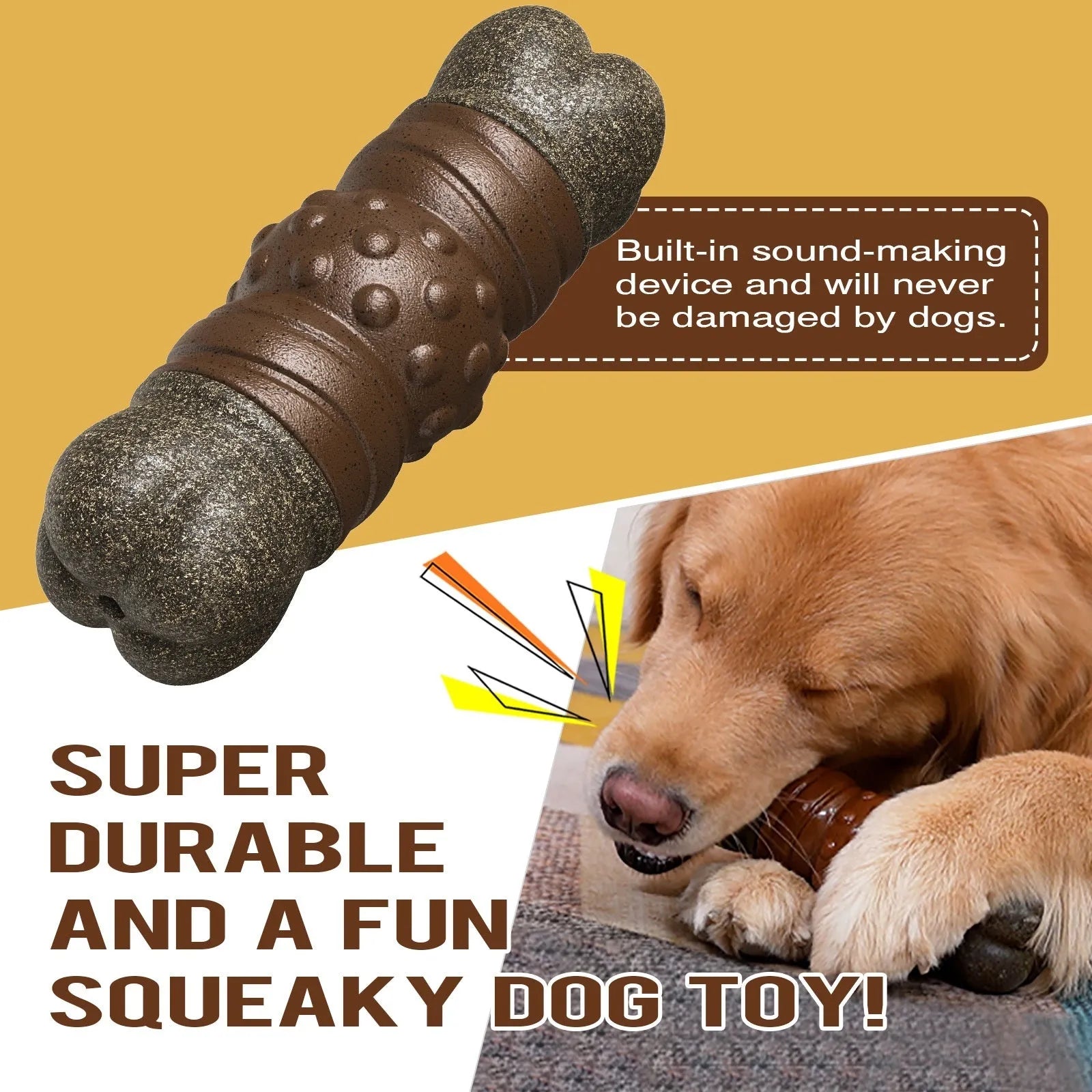 Wood colour plastic bone-shaped dog chew toy with a textured surface for dental cleaning.