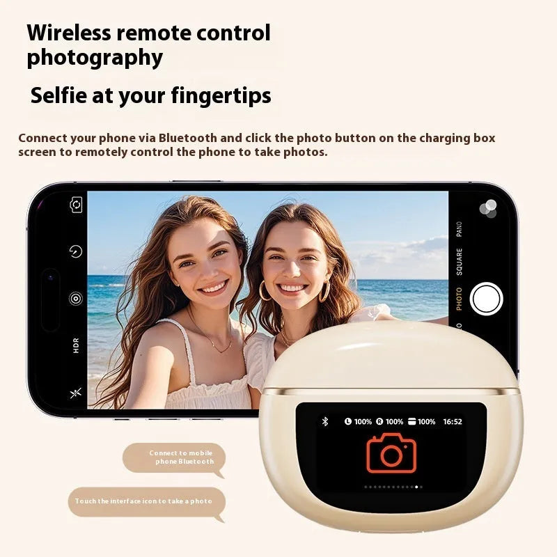 Smart Bluetooth headset in black with digital display screen and breathing light, in-ear style