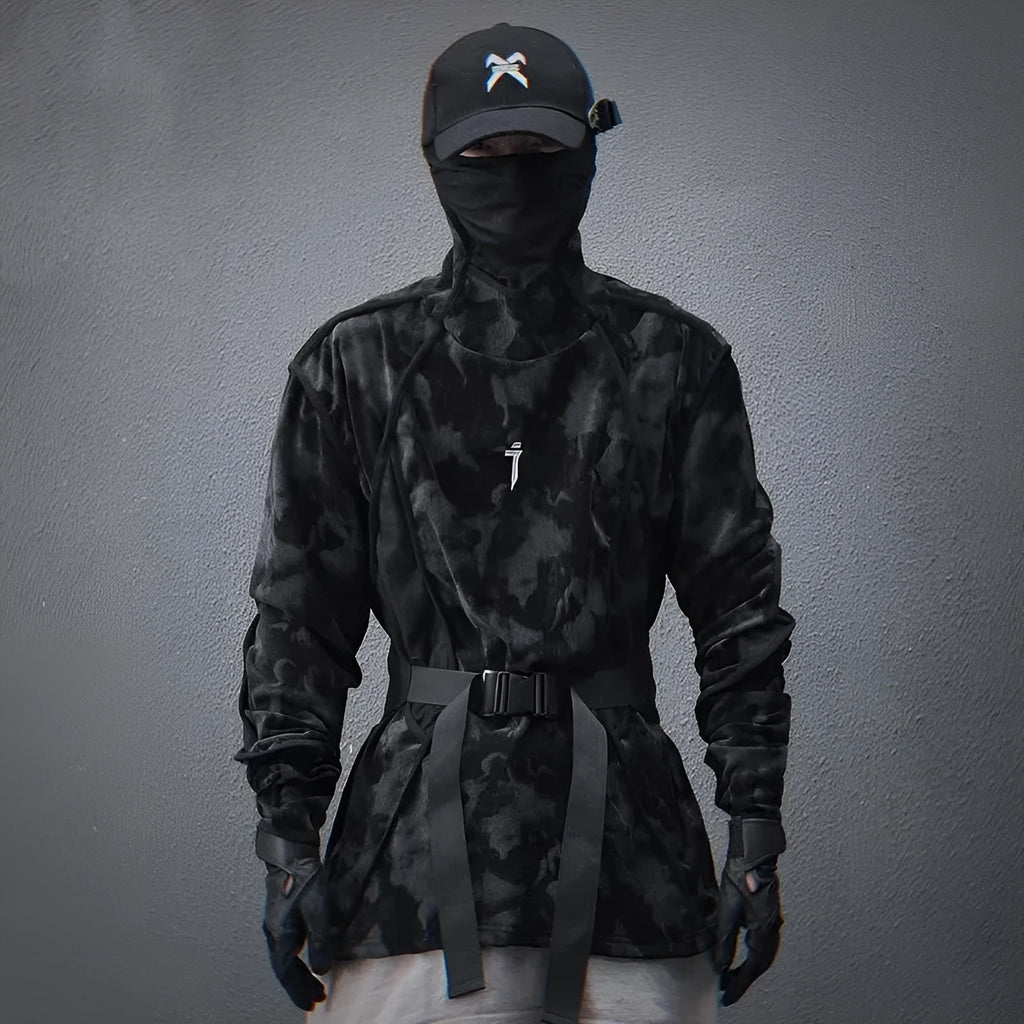 Men's black tie dye printed sweater with finger turtleneck collar and drop shoulder sleeves