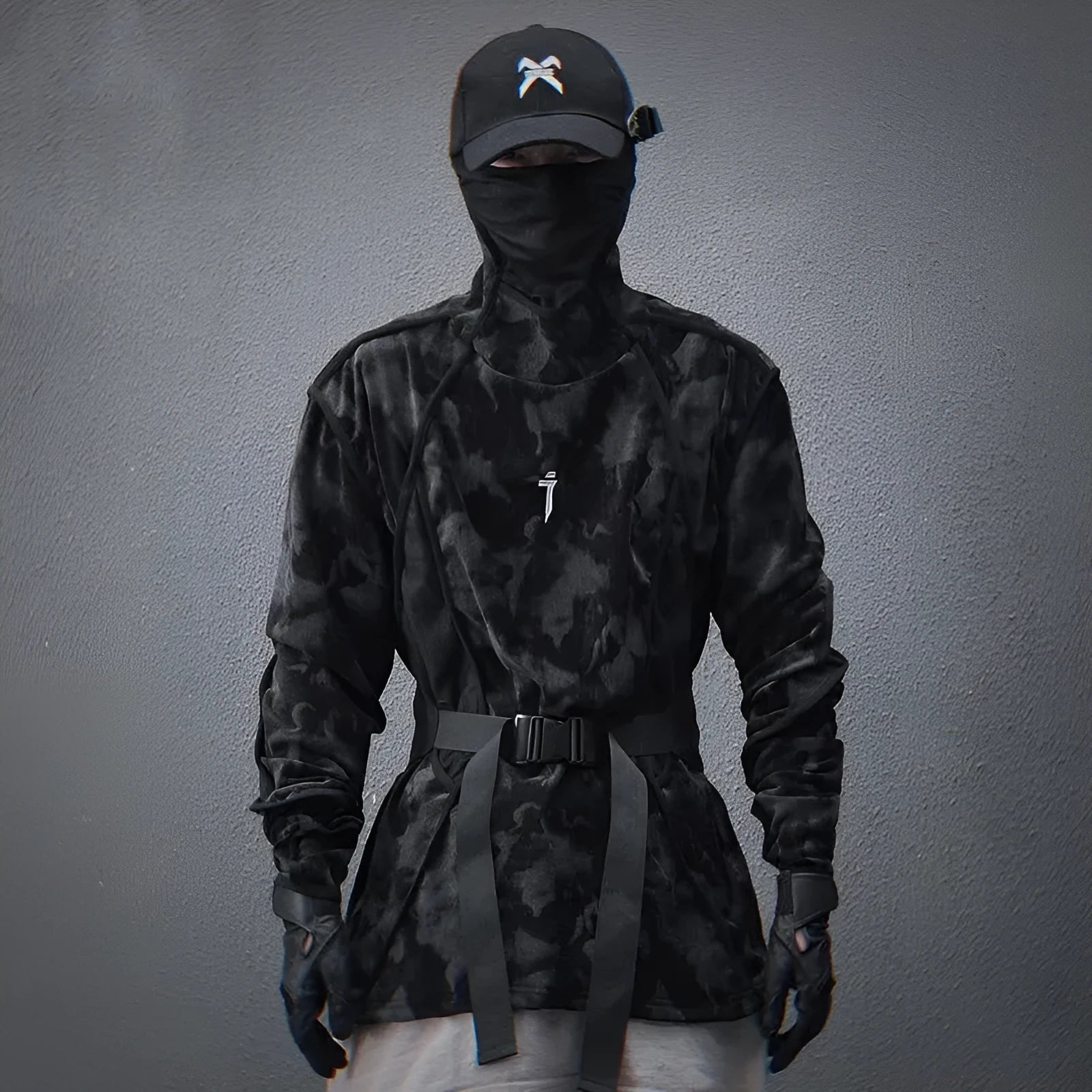 Men's black tie dye printed sweater with finger turtleneck collar and drop shoulder sleeves
