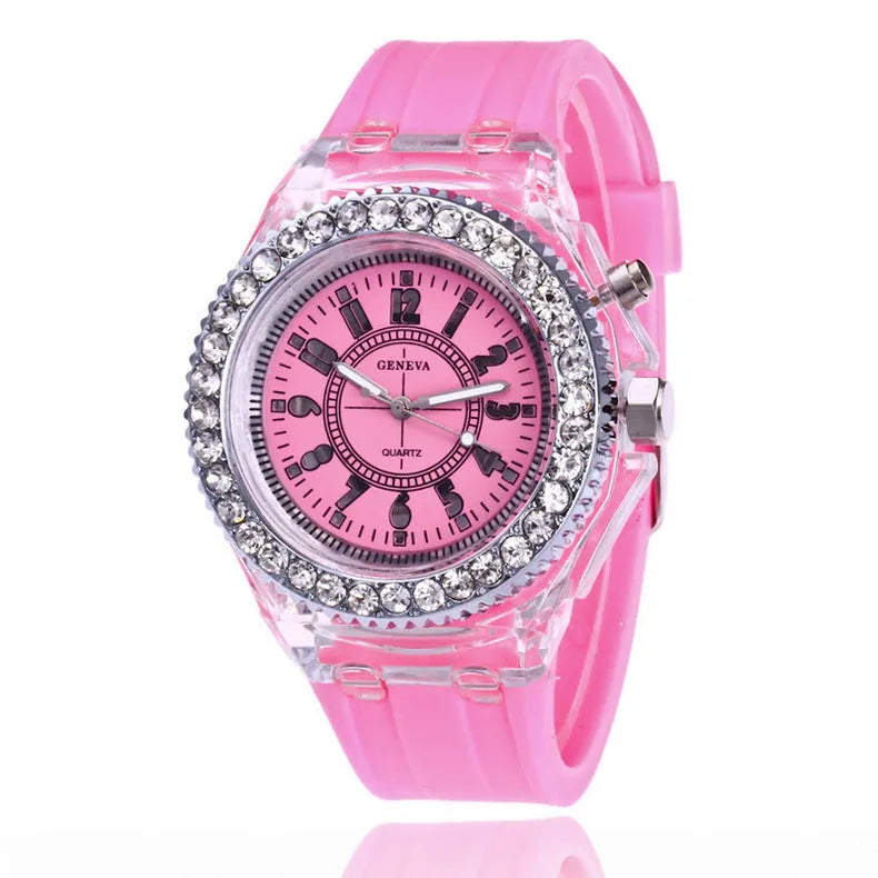 Geneva women’s LED luminous quartz watch with silicone strap, 43mm round alloy case, and pin buckle