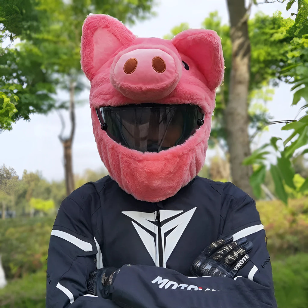 Pink pig cartoon plush helmet protective hood for motorcycle helmets with protective sleeve