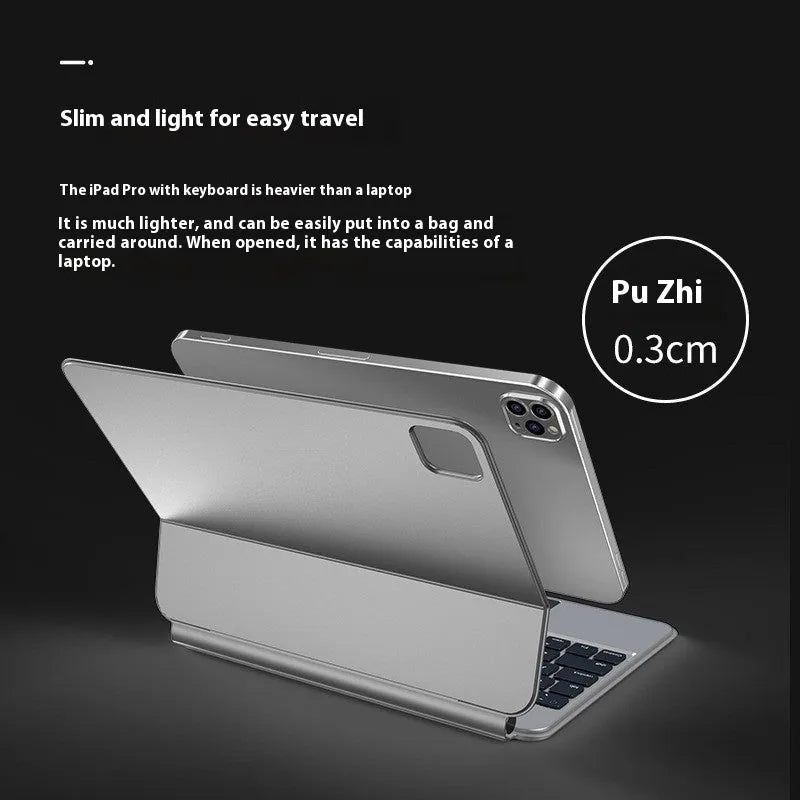 Magnetic suction wireless keyboard and protective sleeve for iPad Pro, shown in blue colour.