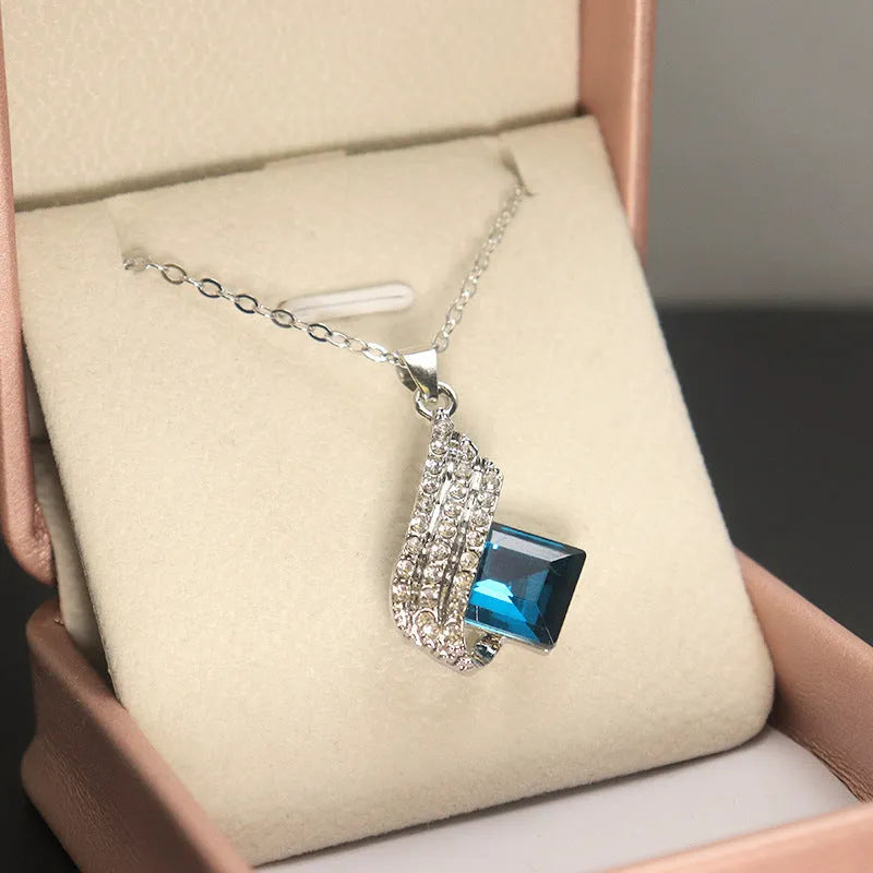 Women's electroplated alloy necklace and ear stud set with glass decoration pendant