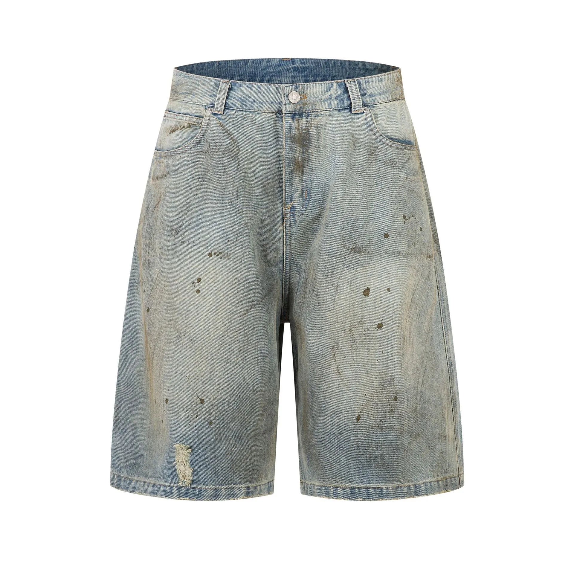 Blue cropped washed denim middle pants with a straight leg and zipper fly on a model.