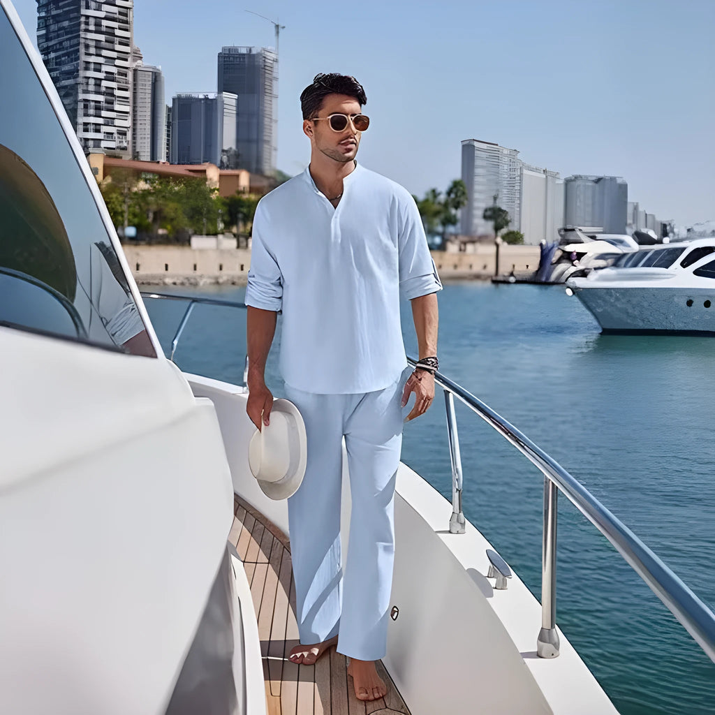 Men's solid colour cotton casual suit with long sleeve top and trousers in beige, black, green, navy, sky blue or white